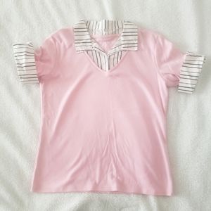 Light Pink Short Sleeve Blouse Striped Collar/Cuff